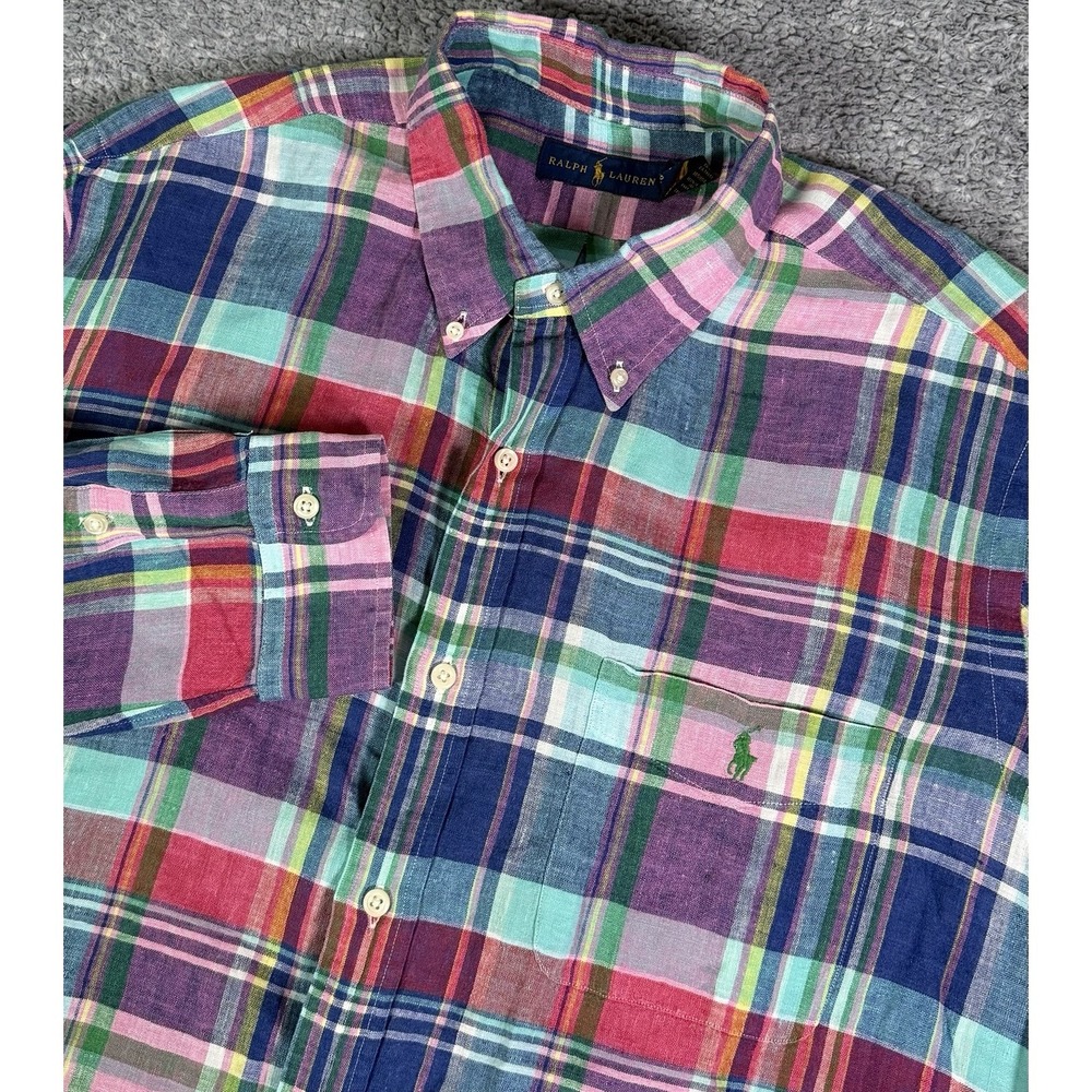 Ralph Lauren Shirt Mens Size XL Madras Plaid 100% Linen Button Down Long Sleeve